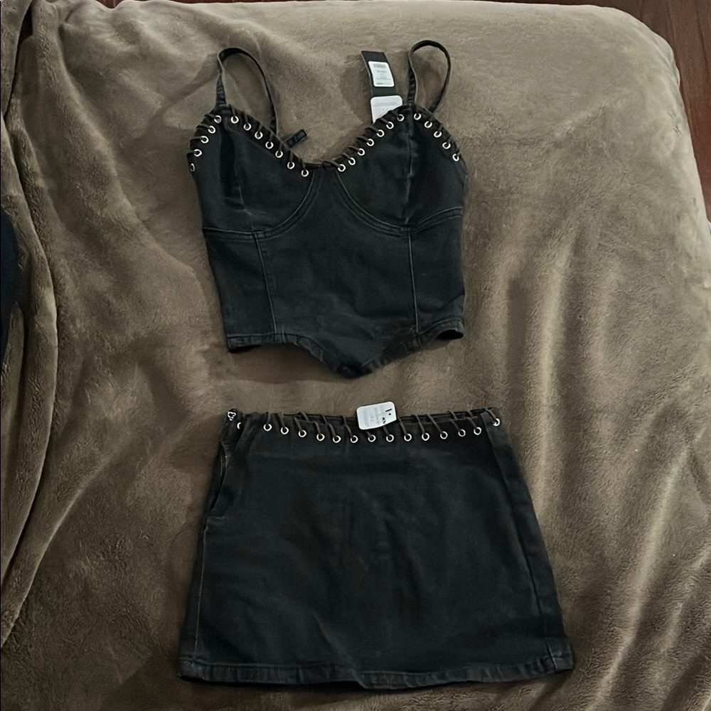 Stylish Black Studded Top and Skirt Set